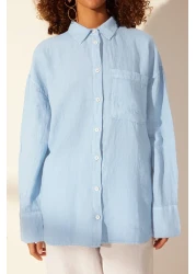  Collection قميص أزرق 100% كتان كبير الحجم TWOSS23GO00443