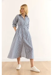 Olalook فستان قميص طويل بخصر مطاطي باللون الأزرق الداكن للنساء ELB-19002398