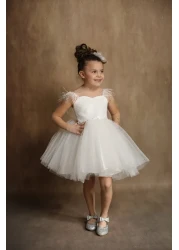 black white wedding Girl's White Fluffy Dress Birthday Dress with Lace Detail