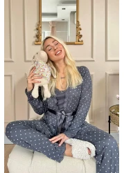 Pijamaevi Smoked Mini Point Patterned Bamboo Dressing Gown Women's Pajamas Set