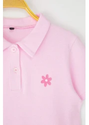 TRENDYOLKIDS Pink Girl 100% Cotton Flower Embroidered Polo Neck Short Knitted Dress Tkdss25El00085