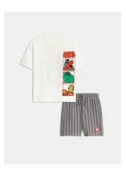 Magu Boys' Marvel Character Printed White T-Shirt and Striped Shorts Set