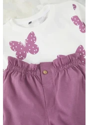 TRENDYOLKIDS Ecru Girl's Cotton Butterfly Printed Open Sleeve Set Tkdss25Au00079