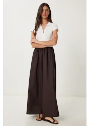 Lovelyİstanbul فستان بتنورة بوبلين مع جزء علوي محبوك مرن باللون البني الداكن LFN0099