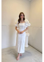 HELİS BUTİK فستان بياقة مربعة وطول كبير مزين بالأحجار - أبيض