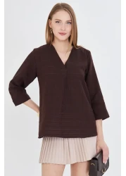 armonika Women's Brown V-Neck Quarter Sleeve Blouse Arm-25Y 001024