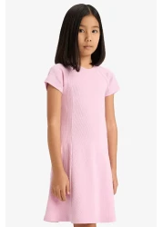 Defacto Girls' Crew Neck A-Line Basic Solid Ribbed Camisole Short Sleeve Summer Dress E5801A825Sm