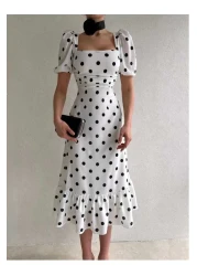 COOLGİRLS Women's White Polka Dot Patterned Square Collar Lined Maxi Long Length Premium Dress