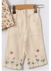 Bebüş بلوزة بناتي بياقة دانتيل مزخرفة بالزهور وبنطلون مطرز طقم مكون من قطعتين 15719