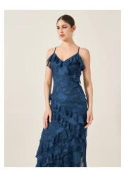 Styli Self Design Ruffle Detail Strappy A-Line Maxi Dress