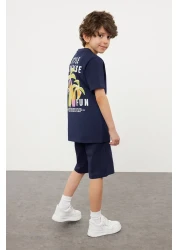TRENDYOLKIDS Navy Blue Male Child 100% Cotton Tropical Printed Knitted T-Shirt Shorts Bottom-Top Suit Tkdss24Au00005