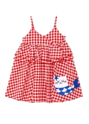 Denokids فستان بحمالات مكشكشة منقوشة باللون الأحمر للفتيات الصغيرات