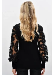 Cool & Sexy Women's Black Sleeves Tulle Ruffle Accessory Blouse BK894