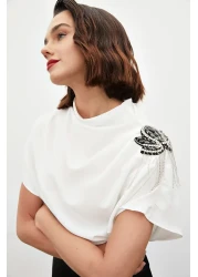 Sateen Casual Blouse with One Shoulder Accessory - Ecru