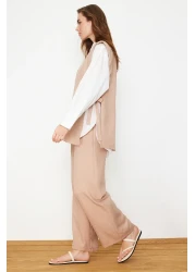  Modest Mink Linen Look Side Tie Woven Bottom Top Set TCTSS24US0001