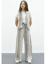 Cansın Mini طقم بناتي مكون من قطعتين مع سترة بأزرار بنية وسروال واسع الأرجل وحزام 21014