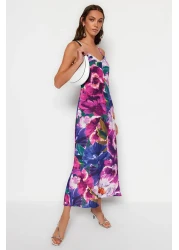  Collection Multicolored Flower Print Straight Cut Strap Midi Satin Woven Dress TWOSS23EL02416