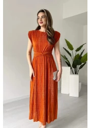 MODAMİNEM فستان دانيال نسائي بتفاصيل أربطة وطيات برتقالية اللون