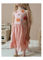 YİGİT BUTİK Yigit Boutique Floral Embroidered Strappy Girl's Dress