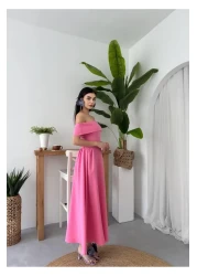 Julidress فستان سهرة طويل بياقة مادونا بطيات طويل وقلم رصاص ممتاز