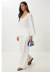 Happiness İstanbul طقم بنطلون بلوزة موسلين إكرو للسيدات FN03473