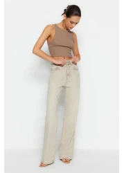  Collection Beige Faded Effect Vintage Normal Waist Wide Leg Jeans TWOSS24JE00011