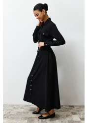  Modest Black Gold Button Detailed Woven Shirt Dress TCTSS24EB00132