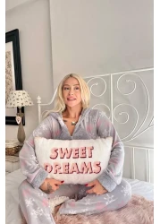 Pijamaevi Gray Snowflake Patterned Women's Fleece Plush Jumpsuit Pajamas