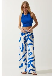 Happiness İstanbul Women's White Blue Patterned Raw Linen Palazzo Trousers BH00397