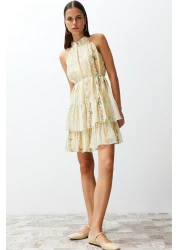  Collection Yellow Floral Print A-Line Layered Lined Chiffon Flight Flight Woven Mini Dress Twoss23El02056