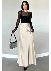 Maude تنورة نسائية بيج فلوش فيسكوز من الساتان بحزام مطاطي وسحاب طويل على شكل حرف A