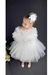 BAMBİNO KİDS فستان سهرة من الشيفون بأكمام بوم بوم مطرز بالترتر للفتيات مع تنورة منفوشة