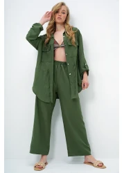 Trend Alaçatı Stili بدلة سفاري كاكي بجيب مزدوج للسيدات وبنطلون Aerobin واسع الساق بخصر مطاطي Ymx8448