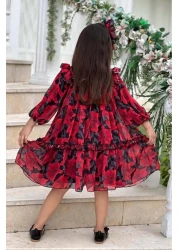 Riccotarz فستان بناتي بياقة مكشكشة وأكتاف مكشكشة ومطرز بالزهور باللون الأحمر