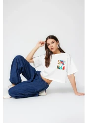  Collection Ecru Crew Neck Crop Knitted T-Shirt - 100% Cotton, Wide Fit TWOSS23TS00369