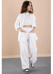 Cansın Mini White Girl's Croplu Stone Shirt and Pants 3 Piece Set 20468