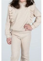 Kyron Girl's Frill Detailed Hooded Knitwear Tracksuit Set - Beige