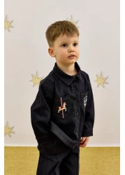 Fahhar Kids Navy Blue Denim Shirt Set