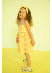 Defacto فستان من قماش البوبلين بحزام رقبة مربعة للفتيات الصغيرات