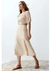  Collection Beige Viscose Midi Blouse and Skirt Set - Slit Detail, Polka Dot Twoss20Au0097