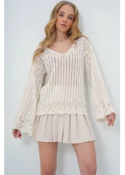 Trend Alaçatı Stili بلوزة تريكو صيفية مخرمة برقبة قارب فانيليا للسيدات ALC-X10640