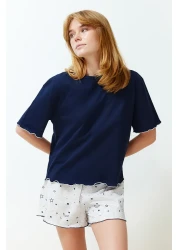  Collection طقم بيجامة محبوكة بنمط جالاكسي باللون الأزرق الداكن مع شورت THMSS24PT00203