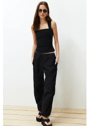  Collection Black Solid Square Neck Straps Shirred Fitted/Fitted Stretchy Knitted Blouse Twoss24Bz00400