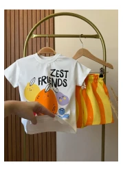 Magu Unisex Kids Cotton White Zest Friends Printed T-Shirt and Orange Shorts Set