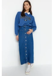 Collection High Waist Dark Indigo Maxi Denim Jeans Skirt - Double Pockets and Front Buttoned Tctss23Ee00002