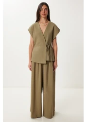 Happiness İstanbul Women's Khaki Linen Vest Pants Suit No00020