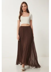 Happiness İstanbul تنورة شيفون ذات ثنيات بنية اللون للنساء DP00237