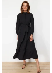  Modest فستان منسوج بحزام أسود وأزرار وطية صدر السترة TCTSS21EL3343