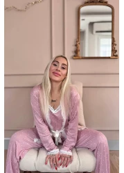 Pijamaevi Pink Point Patterned Pegasus Pajama Set with Dressing Gown