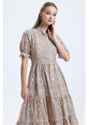 MD trend Women's Beige Collar Lined Buttoned Short Sleeve Long Scallop Dress